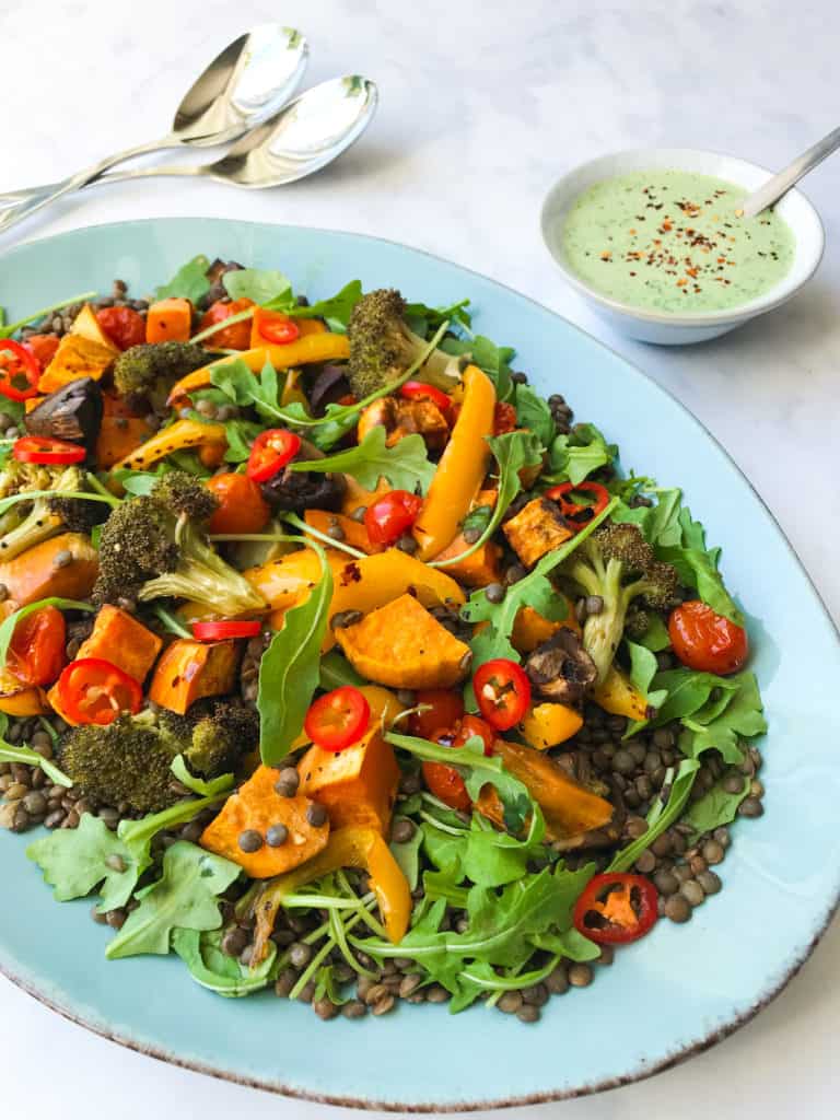 Chilli Roasted Vegetable and Lentil Salad with Coriander Yoghurt Dressing. Vegan, GF & Healthy!