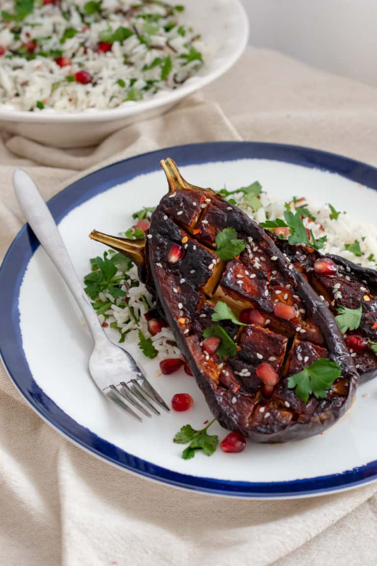 Miso Aubergine with Herby Wild Rice & Pomegranate Seeds - Vegan, Healthy & GF. Georgie Eats.