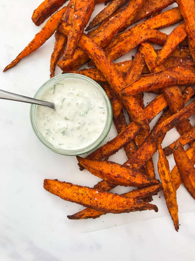 Smoky Sweet Potato Fries with a Tzatziki Dip - Vegan, GF & Healthy! Georgie Eats.