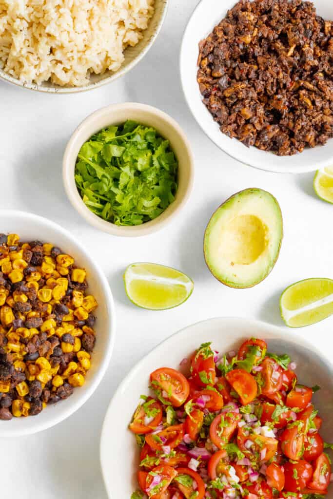 Components of Mushroom Burrito Bowl.