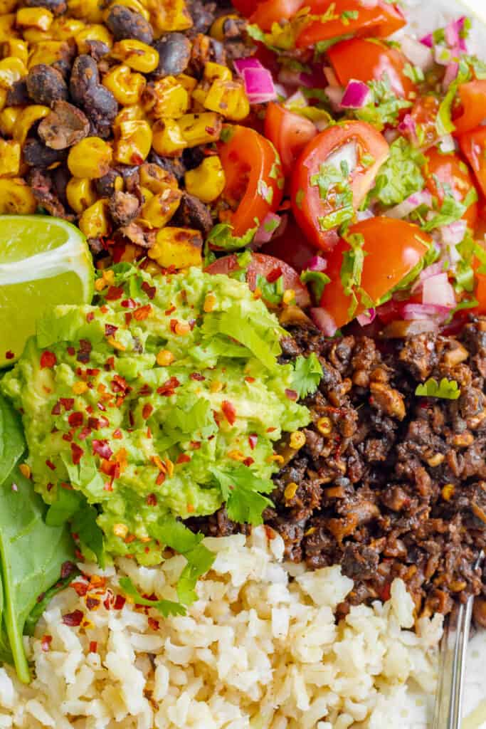Close Up Shot Mushroom Burrito Bowl