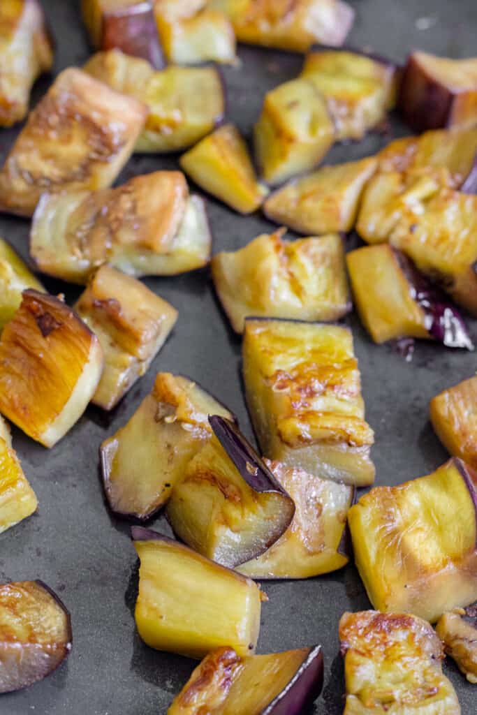 A close up shot of golden fried aubergine.