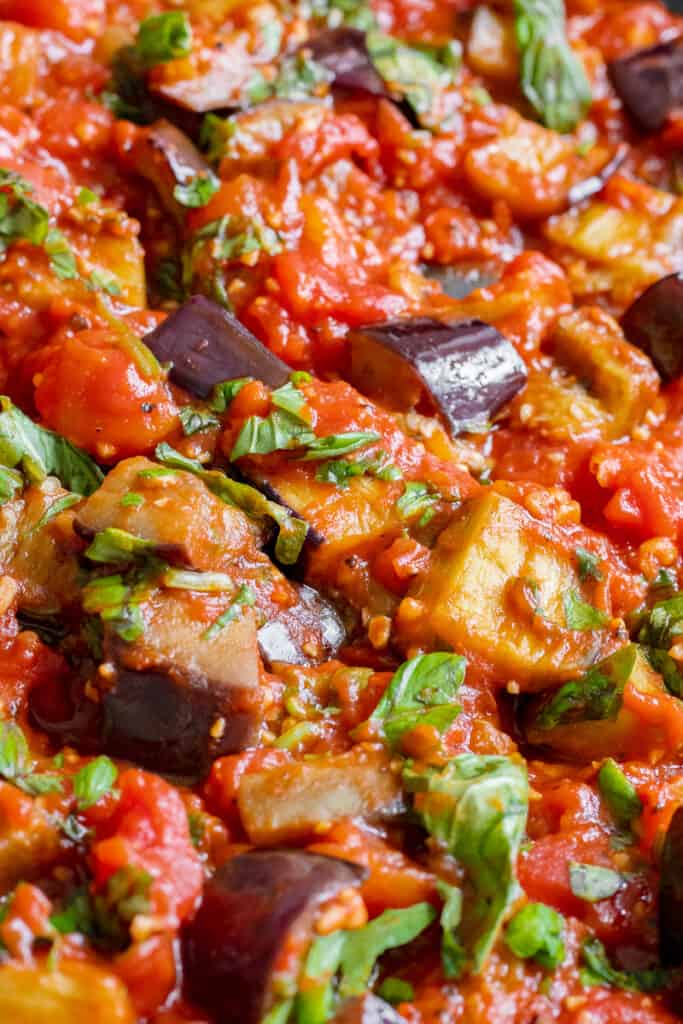 A close up shot of the Pasta alla Norma tomato based sauce.