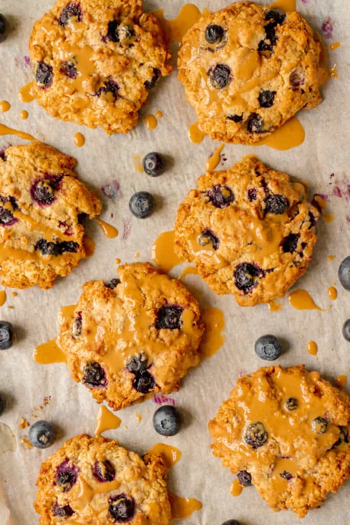 Birdseye View of Crumble Cookies on Baking Tray with Cashew Drizzle - Vegan, GF & Healthy! Georgie Eats.