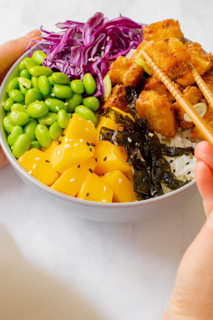 Crispy Ginger & Chilli Tofu and Mango Poke Bowls - Vegan, GF & Healthy! Georgie Eats.
