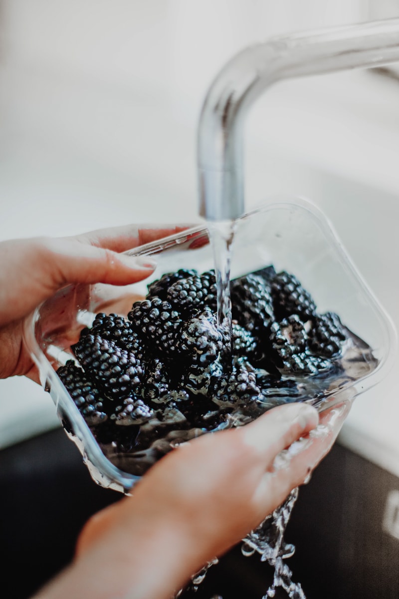 washing the blackberries