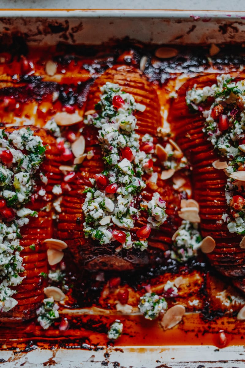 Hassleback Butternut Squash with Herby Feta Salsa - gluten-free & healthy! Georgie Eats.