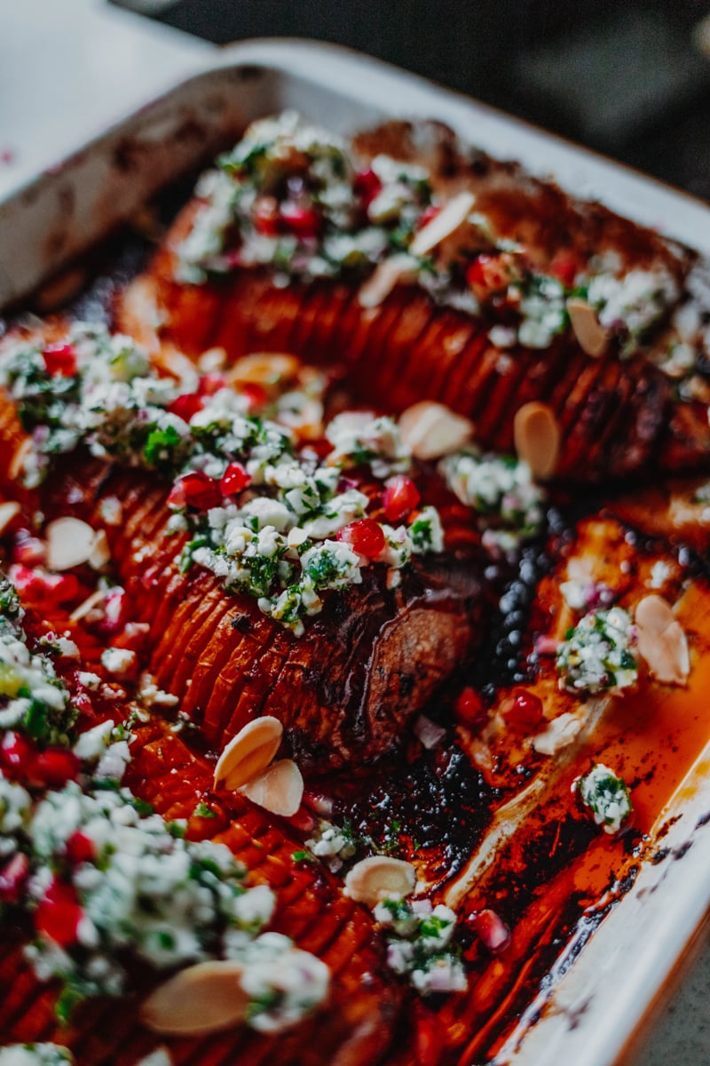 Hassleback Butternut Squash with Herby Feta Salsa - gluten-free & healthy! Georgie Eats.