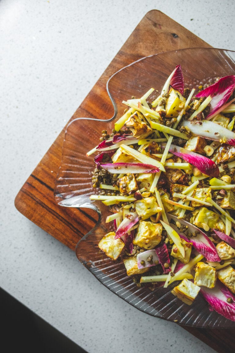 Celeriac, Apple & Lentil Salad on a platter - Georgie Eats