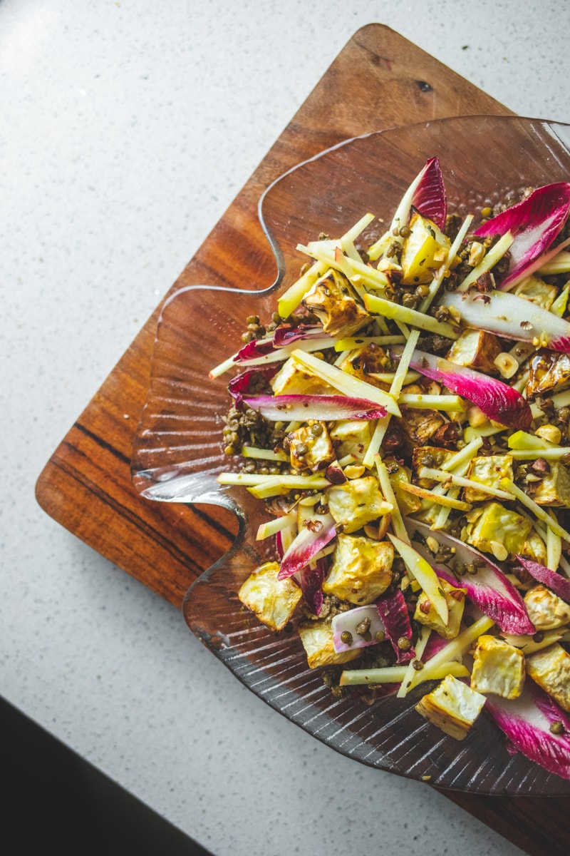 Celeriac, Apple & Lentil Salad on a platter - Georgie Eats