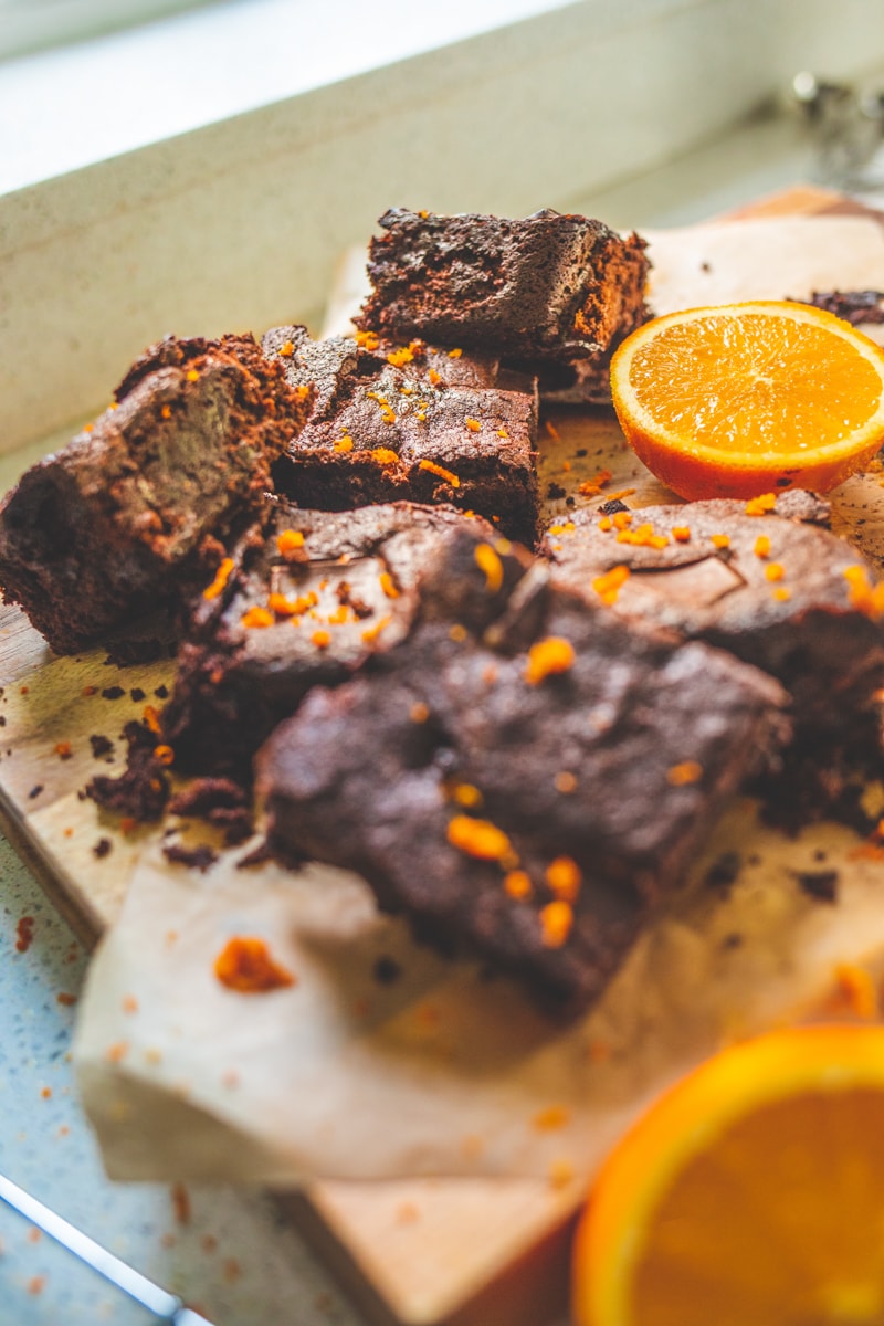Vegan Chocolate Orange Brownies on a board- Georgie Eats