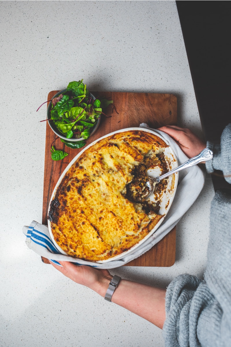 Birds eye view of Best Ever Lentil Shepherd's Pie - Georgie Eats