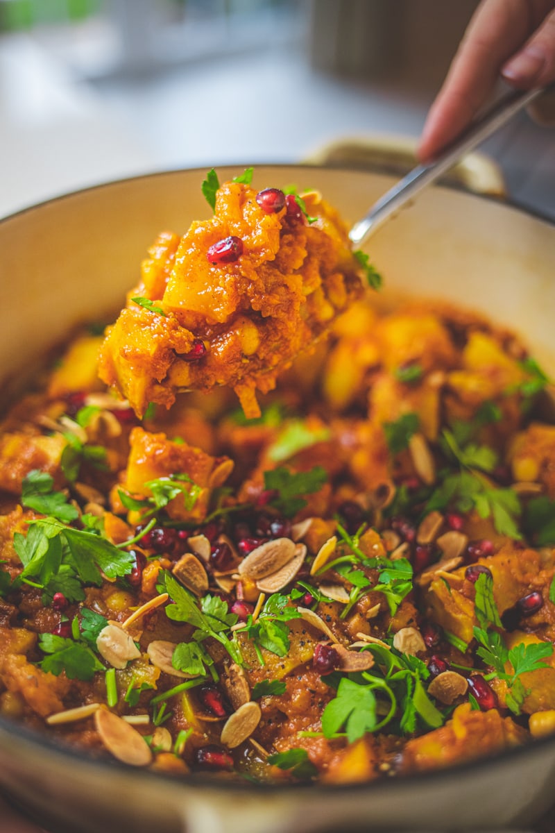 Vegan Root Vegetable Tagine with toasted almonds and pomegranate - Georgie Eats