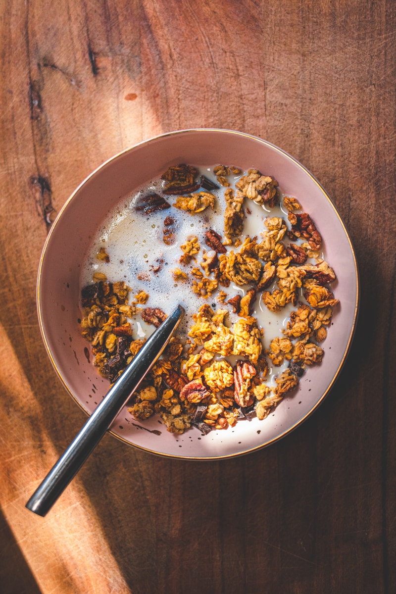 Chunky Monkey Granola with oat milk - Georgie Eats