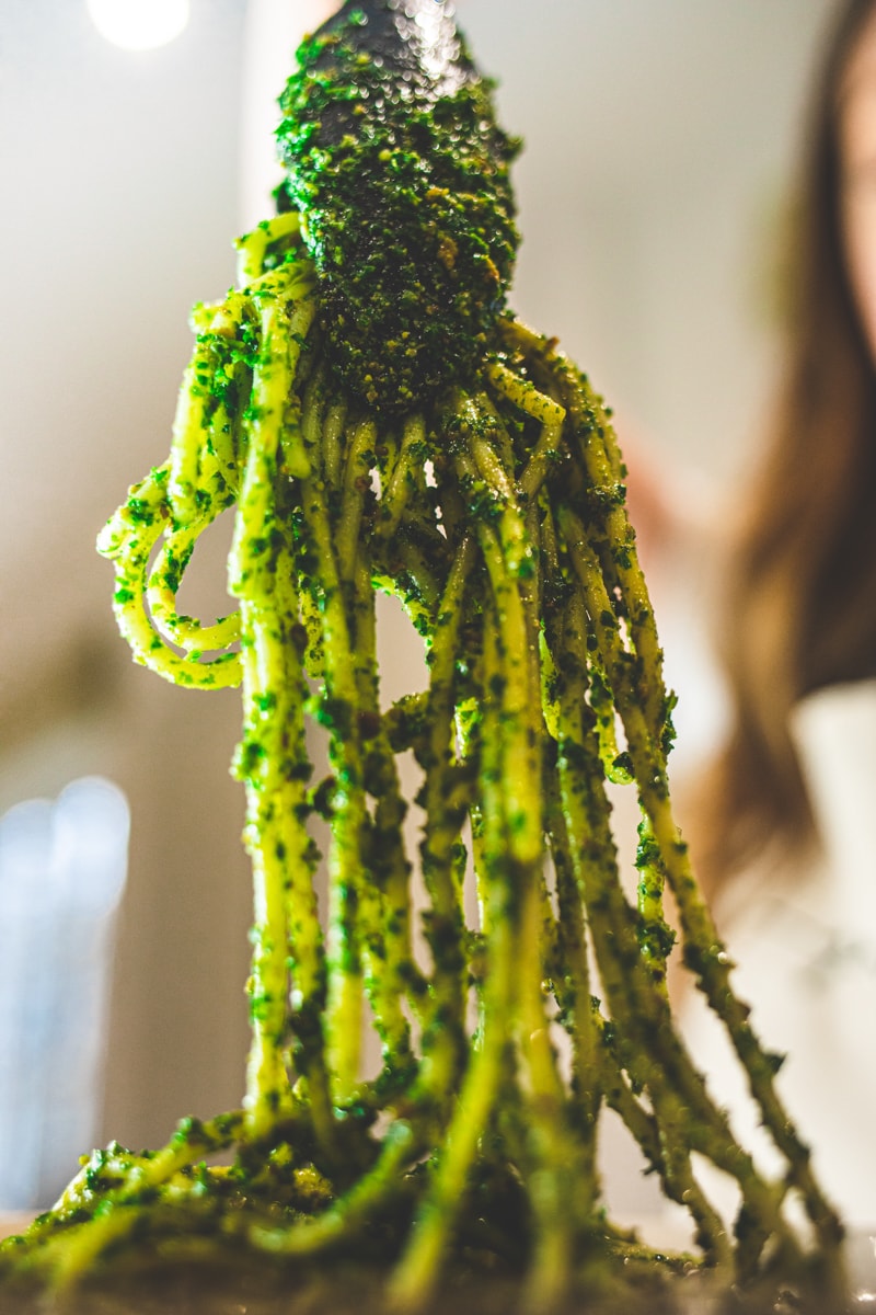 Serving the Kale Pesto Pasta with Sourdough Crumb - Georgie Eats