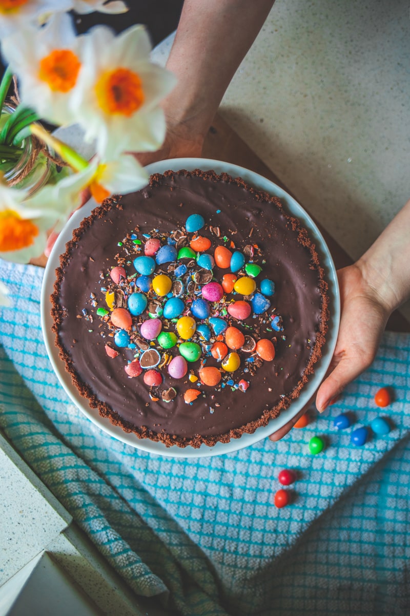No-Bake Vegan Easter Chocolate Tart from the top - Georgie Eats