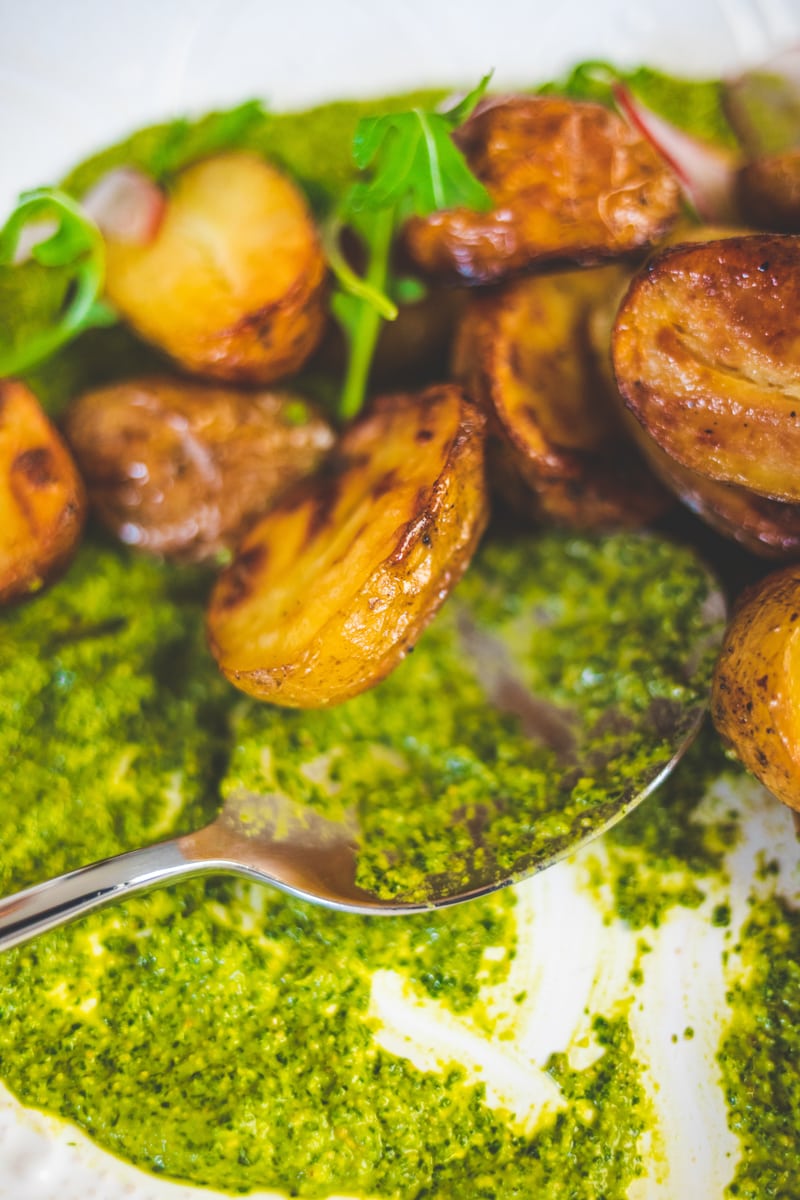 Serving the Pesto Jersey Royal Potato Salad - Georgie Eats
