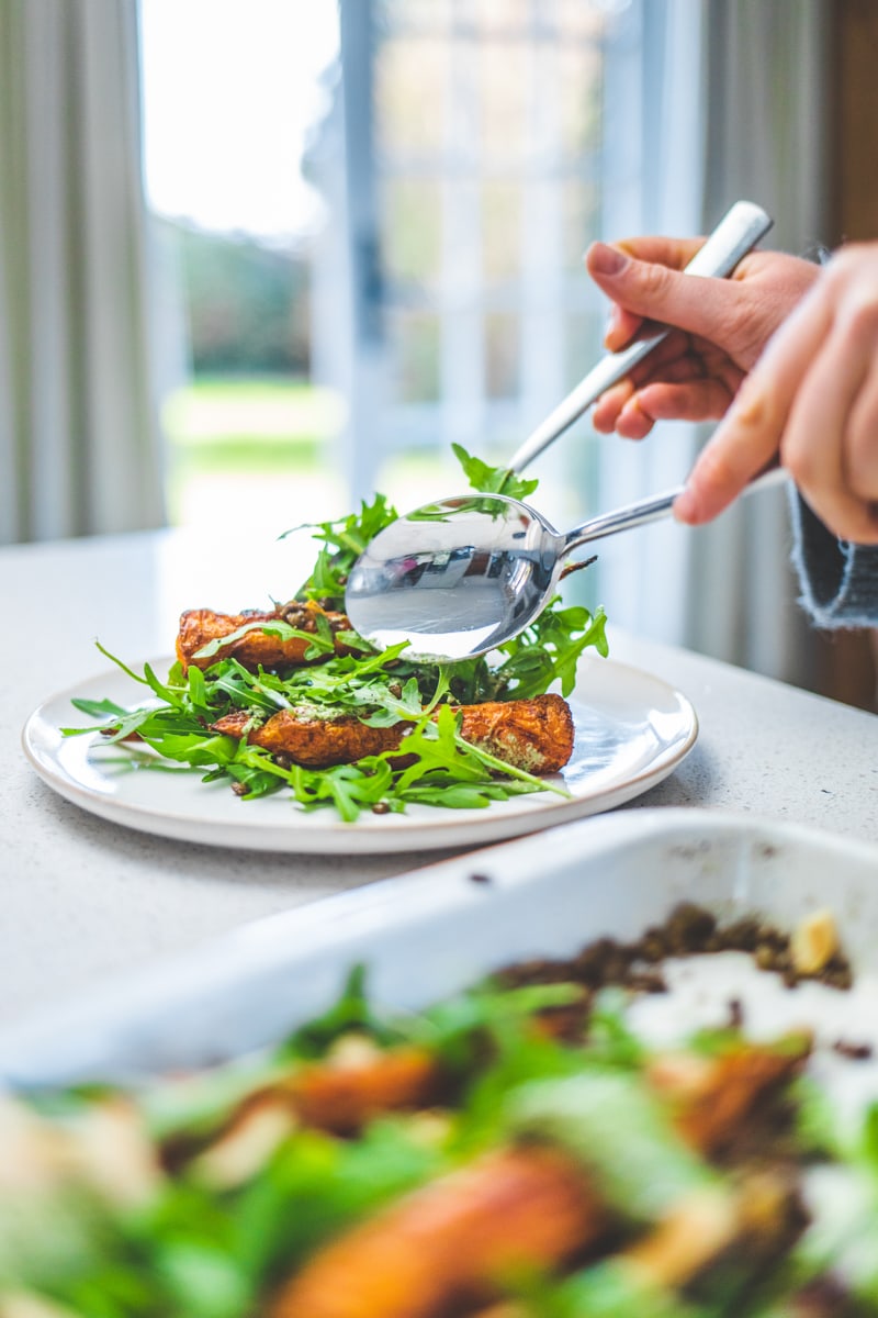 Roasted Carrot Salad with Lentils and Carrot Top Sauce - Georgie Eats