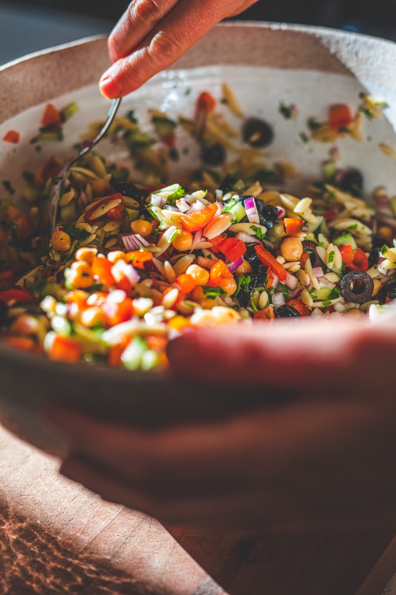 Orzo Pasta Salad with lots of veggies - Georgie Eats