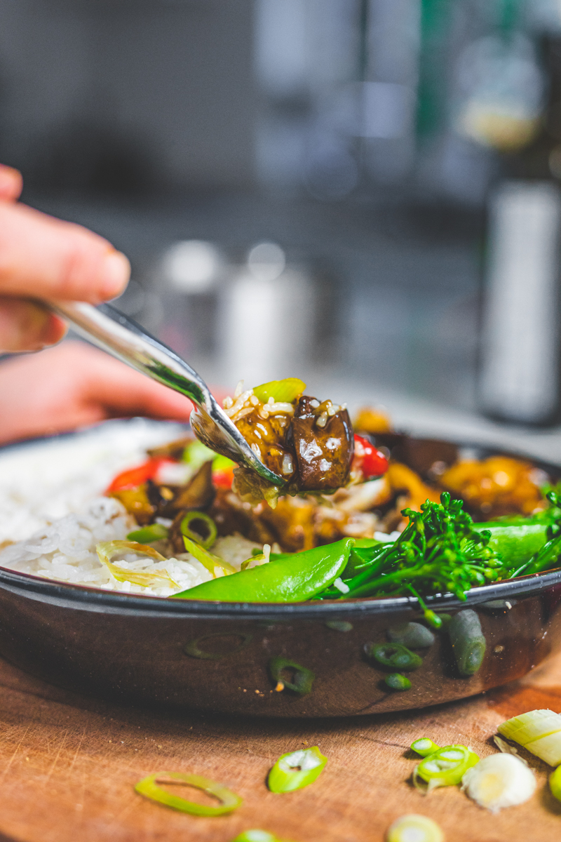 A forkful of Teriyaki Aubergine - Georgie Eats