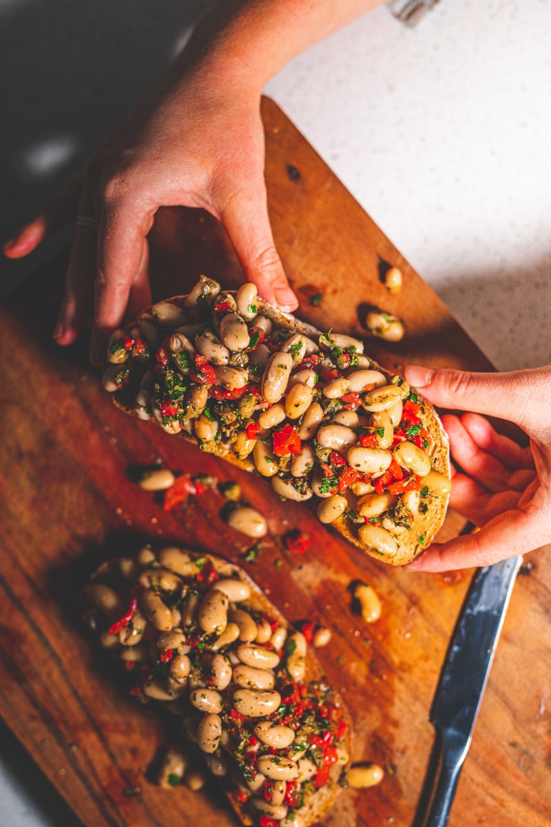 Birdseye View Roasted Pepper, Caper & Cannellini Toast - Georgie Eats