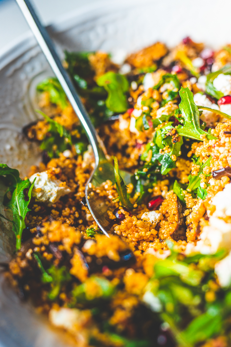 Couscous, Pomegranate and Harissa Aubergine Salad - Georgie Eats