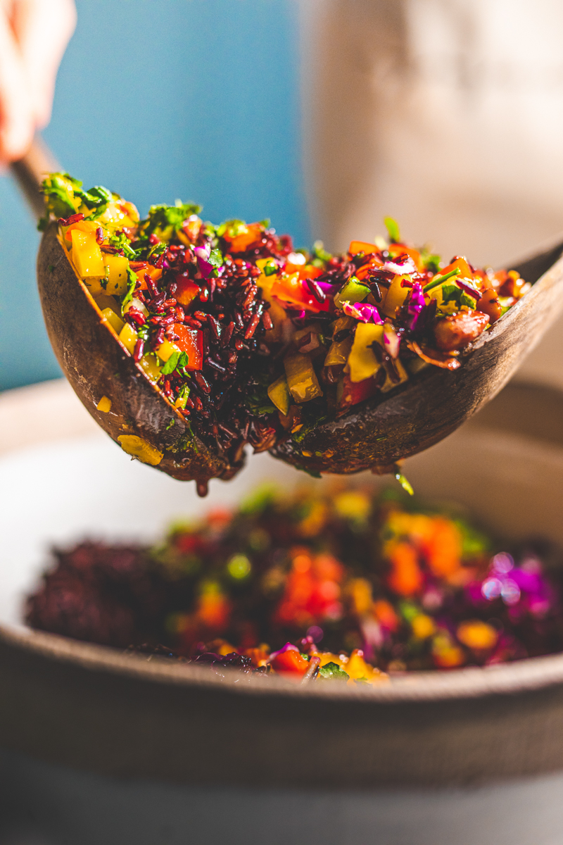 Mixing the Rainbow Rice Salad with Miso Dressing - Georgie Eats