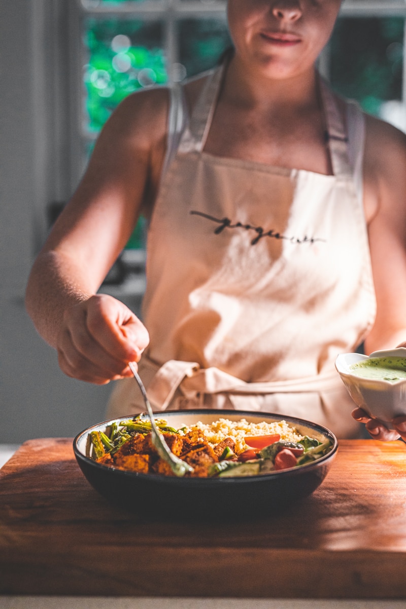 Building the Tikka Tofu Bowls with Mint Yoghurt Sauce - Georgie Eats