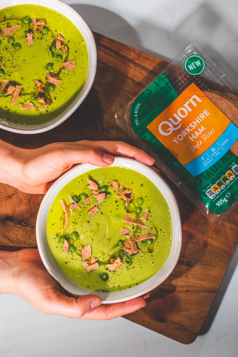 Two bowls of Vegan Pea & Ham Soup - Georgie Eats