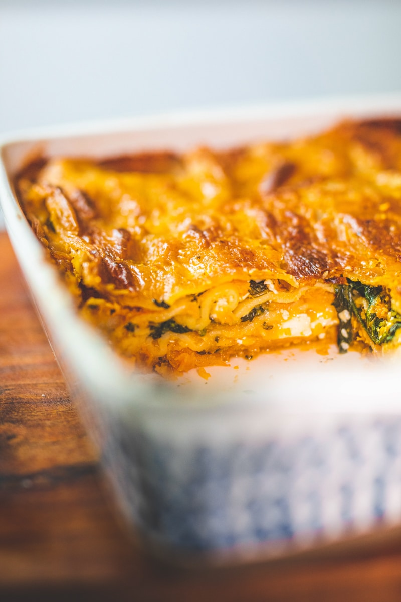 Butternut Squash & Spinach Lasagne in dish - Georgie Eats.