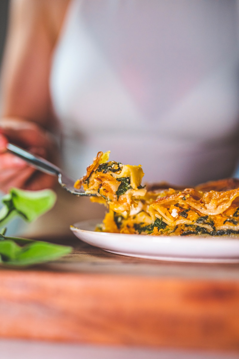 A forkful of Butternut Squash & Spinach Lasagne - Georgie Eats.