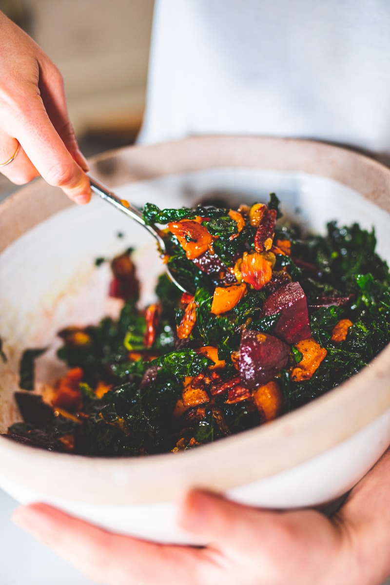 Mixing the Amazing Roasted Veg Winter Salad - Georgie Eats