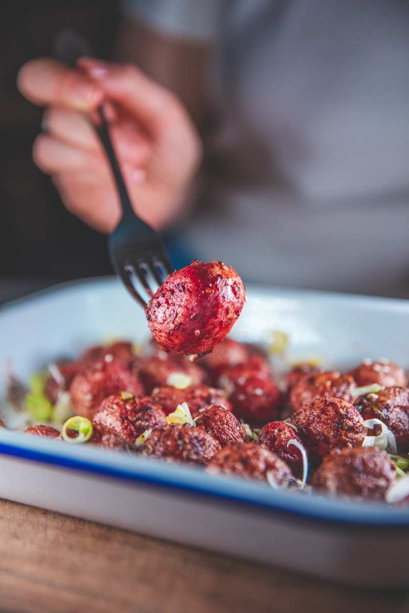 Roasted Radishes on a fork - Georgie Eats