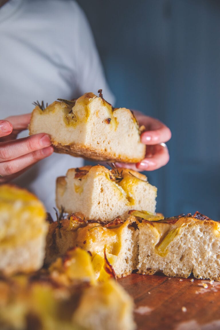 Potato & Rosemary Focaccia in a stack - Georgie Eats