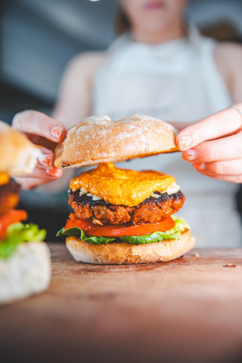 Building the Burgers with Romesco Sauce - Georgie Eats