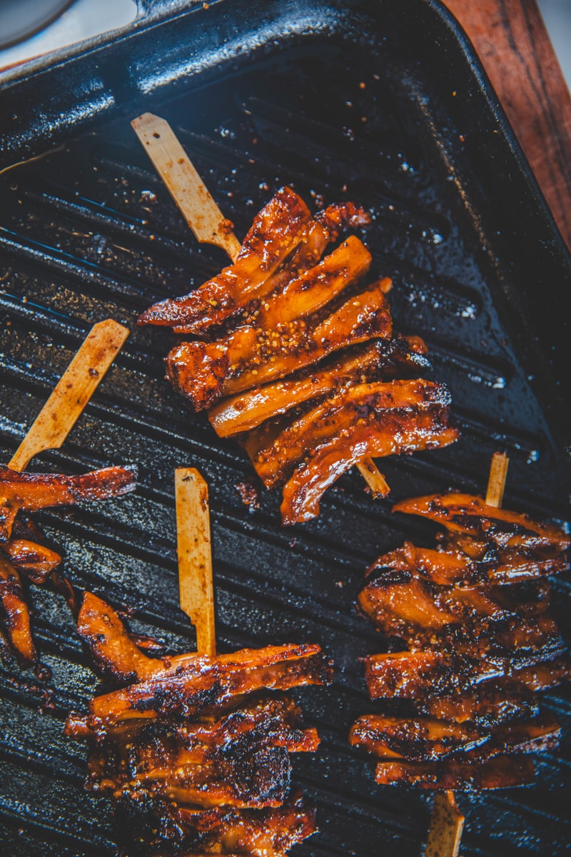 Sticky Mushroom Skewers on a griddle pan - Georgie Eats