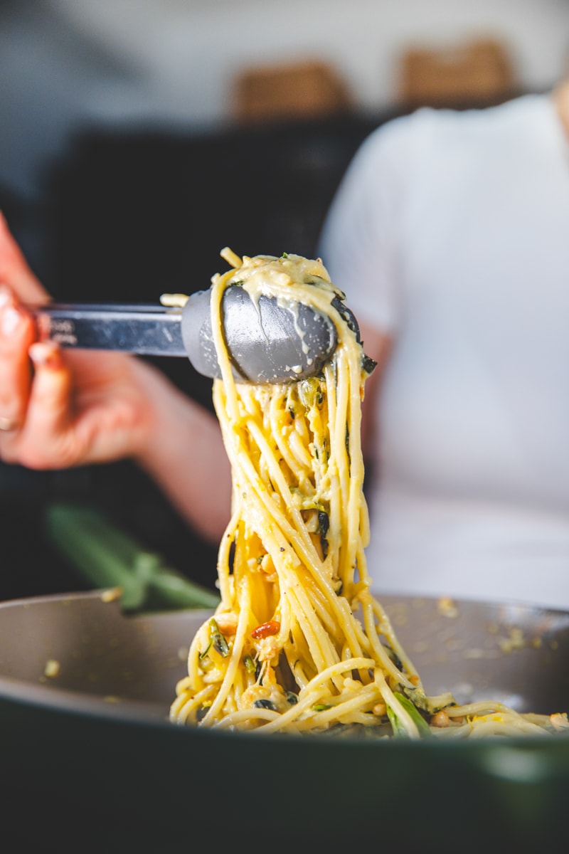 Slow-Cooked Courgette Pasta in the pan - Georgie Eats