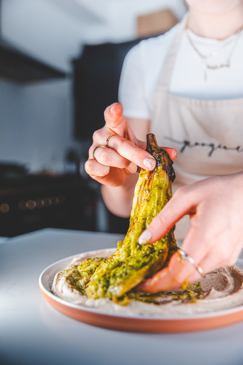 Serving up Zhoug & Tahini Smoky Aubergine - Georgie Eats