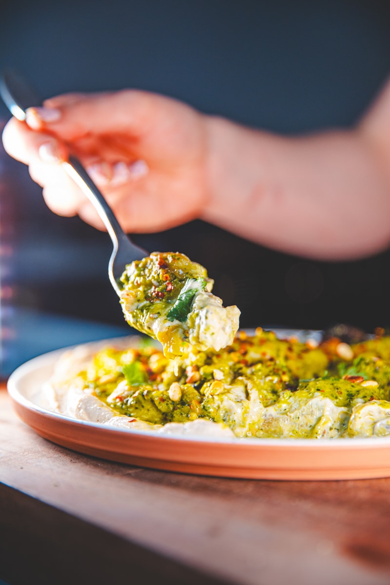 A forkful of Zhoug & Tahini Smoky Aubergine - Georgie Eats