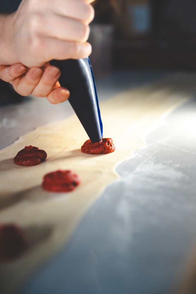 Piping and making the Beetroot & Hazelnut Ravioli - Georgie Eats