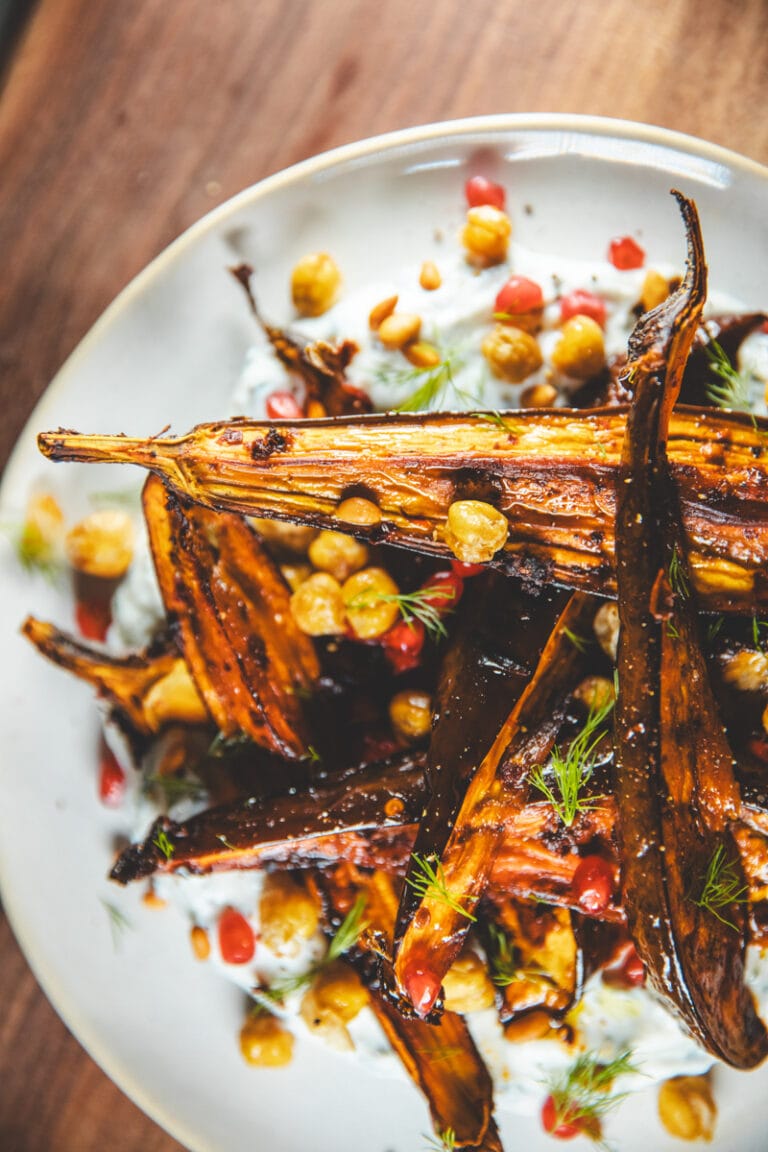Harissa Aubergine Salad with Herby Yoghurt - Georgie Eats