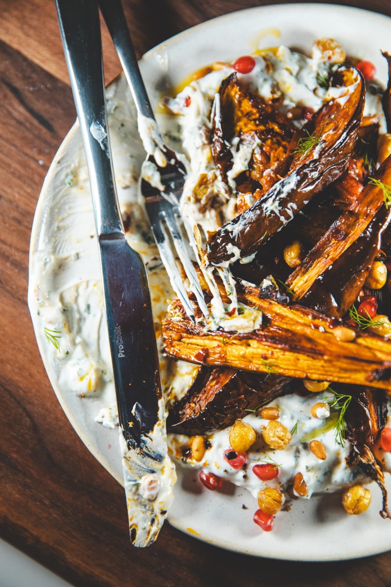 Harissa Aubergine Salad with Herby Yoghurt - Georgie Eats