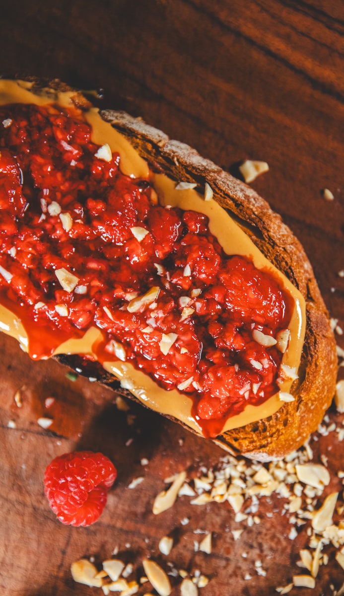 Peanut Butter & Roasted Raspberry Toast close up -Georgie Eats