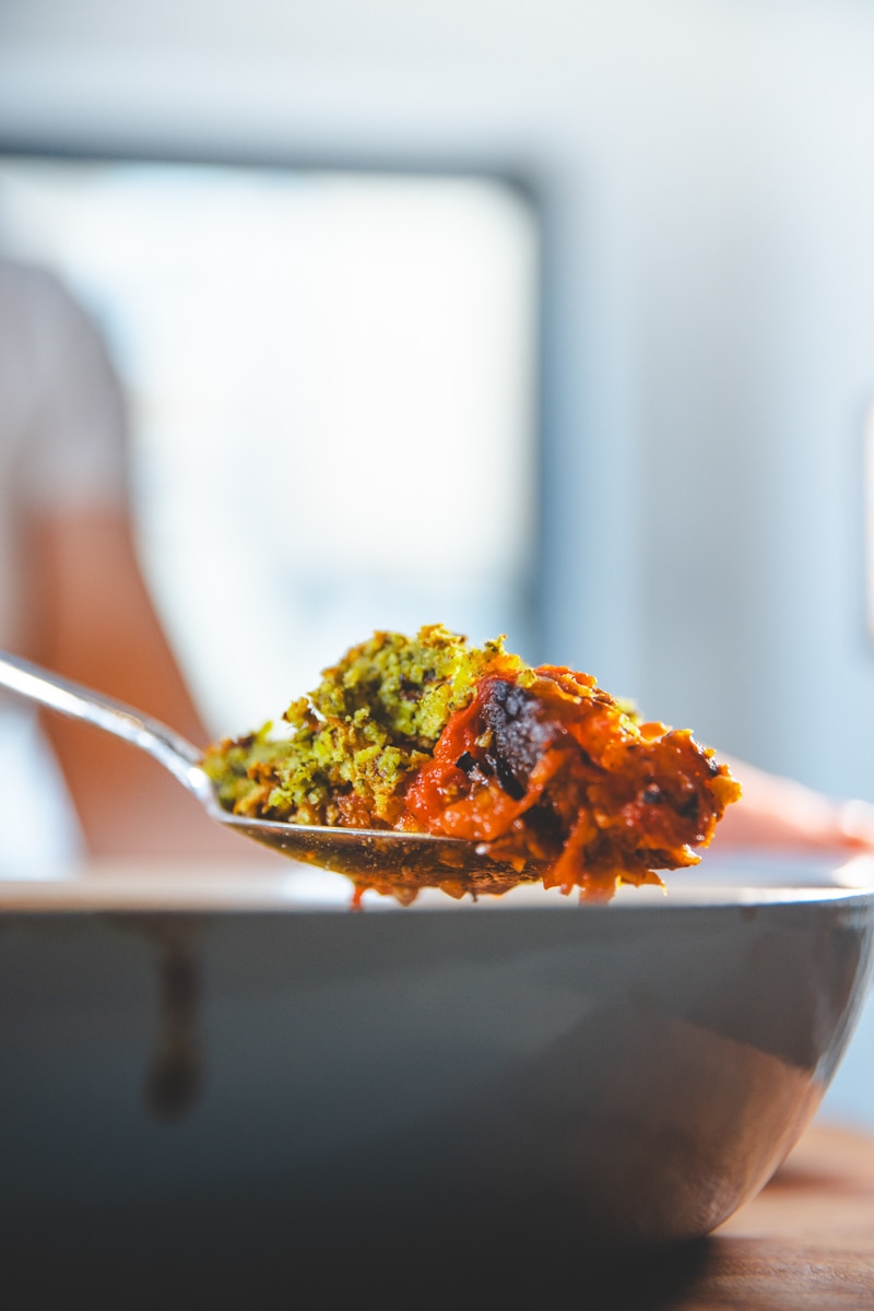 Serving the Roasted Cauliflower & Cannellini Bean Bake - Georgie Eats
