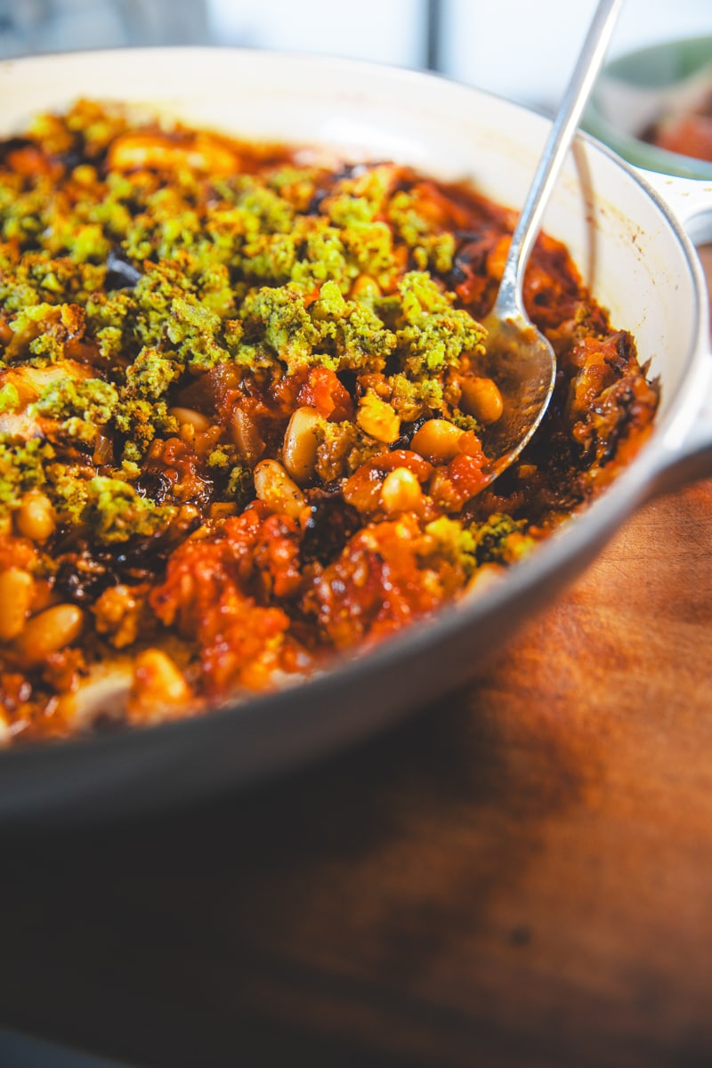 Spooning the Roasted Cauliflower & Cannellini Bean Bake - Georgie Eats