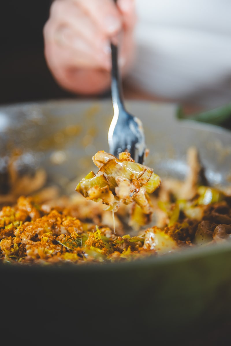 A forkful of Creamy Leek & Miso Pasta - Georgie Eats