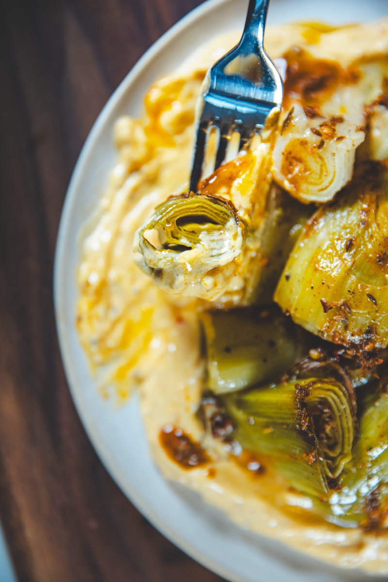Braised Leeks with Lime Pickle Yoghurt - Georgie Eats
