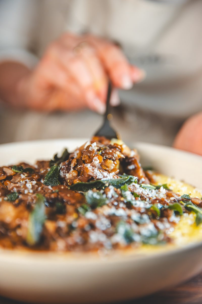A forkful of Mushroom Ragu & Creamy Polenta - Georgie Eats