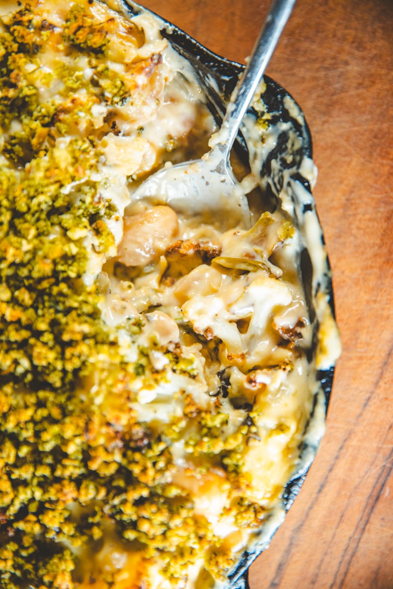 Creamy Cauliflower Cheese & Beans with Caper & Parsley Crumb - Georgie Eats