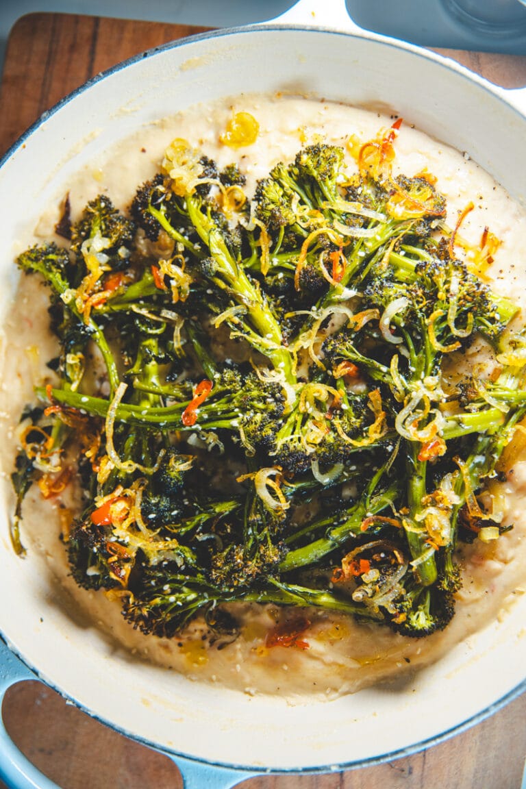 Purple Sprouting Broccoli & Tahini Beans - Georgie Eats
